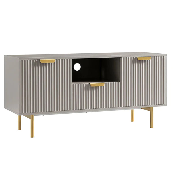 Solid Wood Stripped Design Wide Tv Media Unit - Taupe Finish