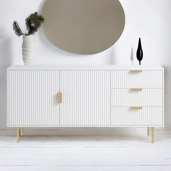 Modern Solid Wood Stripped Design Sideboard - White finish