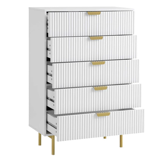 Modern Solid Wood Chest of 5 Drawer - White Finish