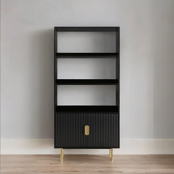 Modern Solid Wood Tall Bookcase With Doors - Black Finish