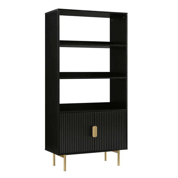 Modern Solid Wood Tall Bookcase With Doors - Black Finish