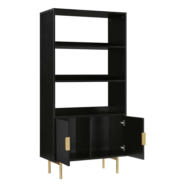 Modern Solid Wood Tall Bookcase With Doors - Black Finish