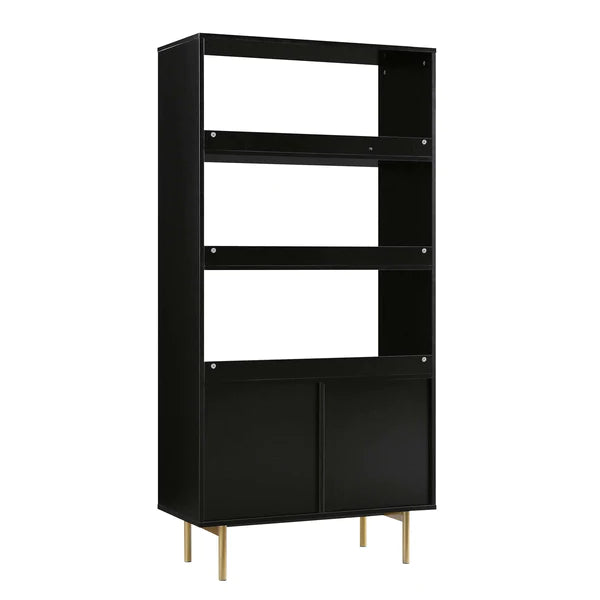 Modern Solid Wood Tall Bookcase With Doors - Black Finish