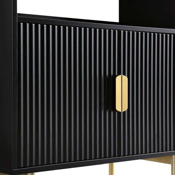 Modern Solid Wood Tall Bookcase With Doors - Black Finish