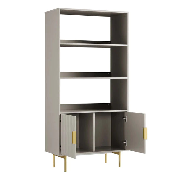Modern Solid Wood Tall Bookcase With Doors - Taupe Finish
