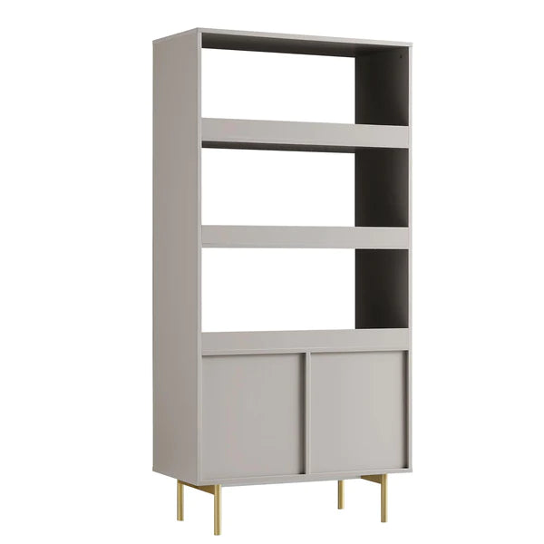 Modern Solid Wood Tall Bookcase With Doors - Taupe Finish