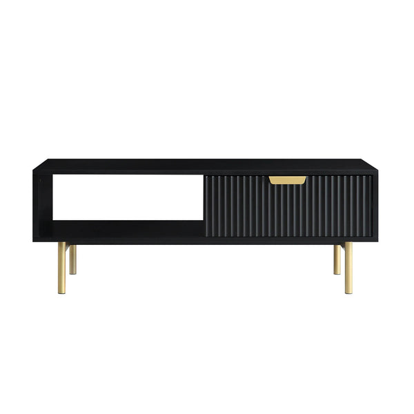 White Solid Wood Coffee Table With Drawer- Black Finish