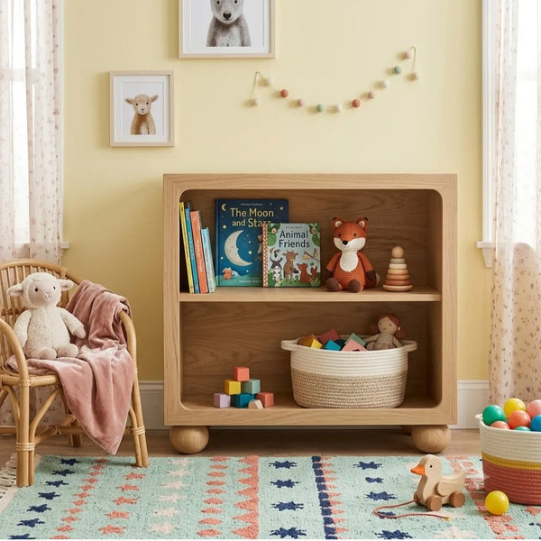 Children's room with wooden bookshelf, toys, and books against a yellow wall.