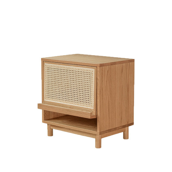 Wooden side table with woven design on a white background