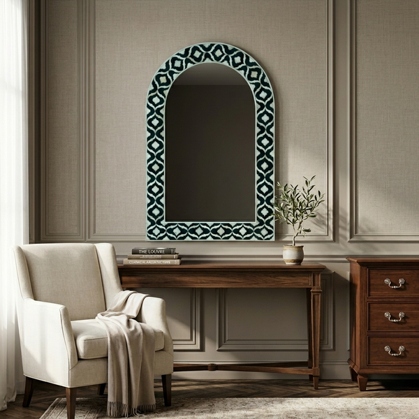 Bone Inlay Mirror Frame Black Geometric Pattren