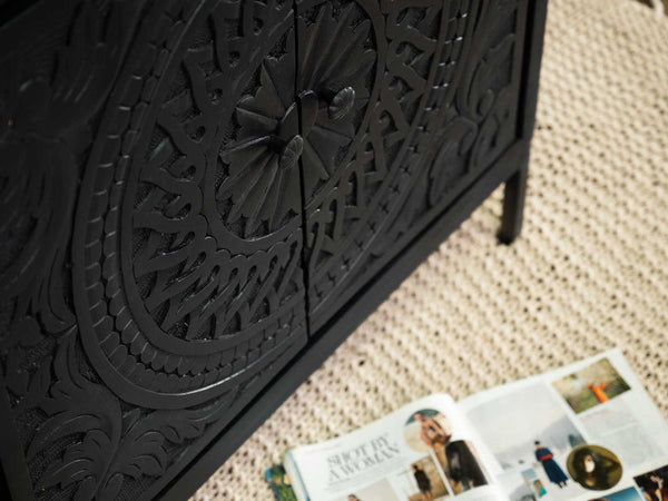 Rajasthani Handcarved Black Mango Wood Sideboard