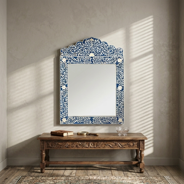 Bone Inlay Blue Floral Large Wall Mirror