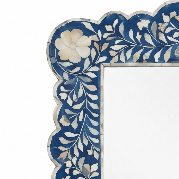 Floral Bone Inlay Wall Mirror Blue Finish