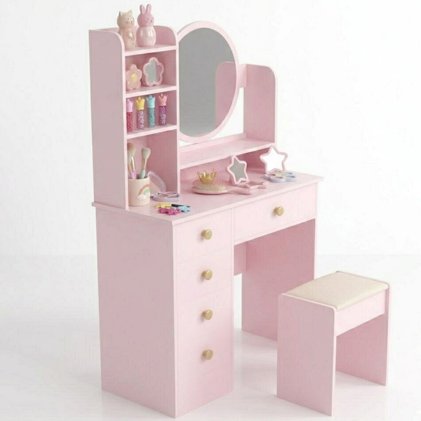 Pink children's vanity table with mirror and stool on a white background