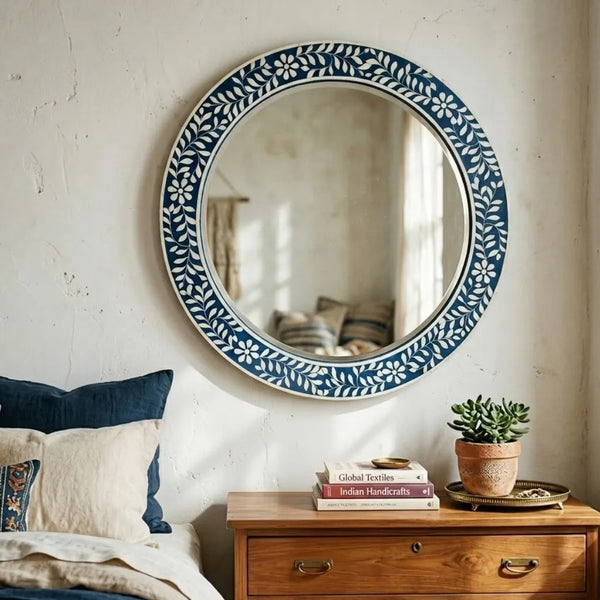 Bone Inlay Round Floral Blue Vanity Wall Mirror