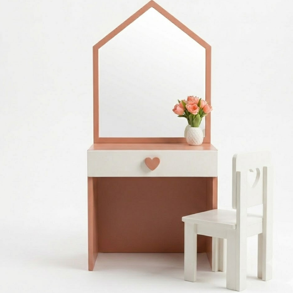 Dresser with mirror and chair on a white background
