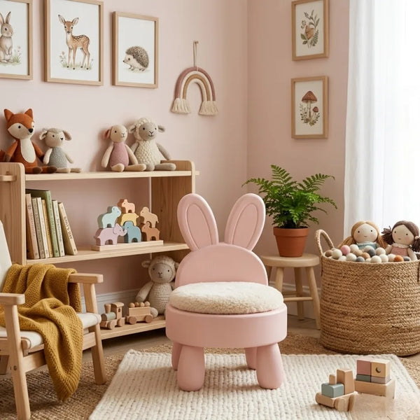Children's room with pink bunny chair, bookshelf, and toys.