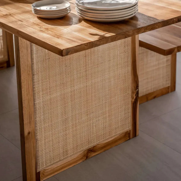 Burma Rattan Teakwood 6 Seater Dining Table Set With Bench