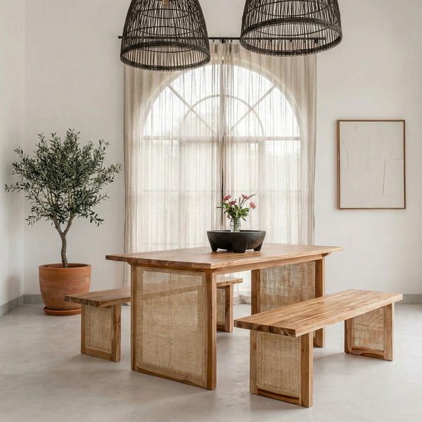 Burma Rattan Teakwood 6 Seater Dining Table Set With Bench