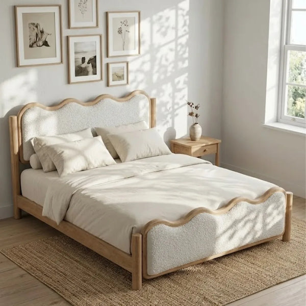 Wavy curve design modern oak wood and boucle fabric bed in all sizes