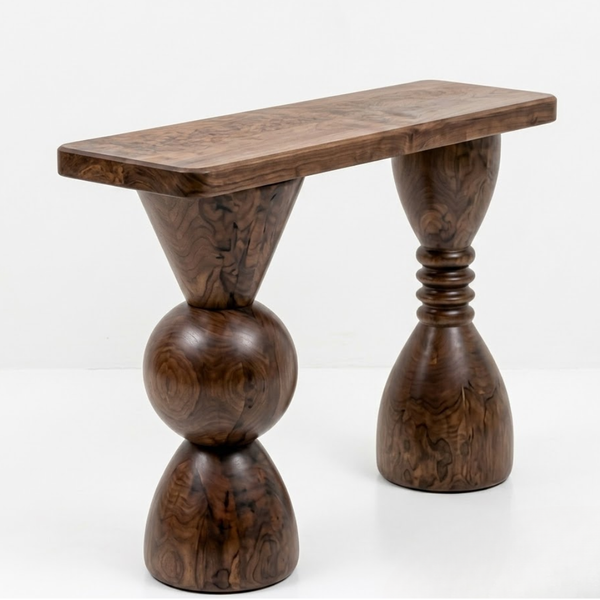 Wooden side table with unique cylindrical legs on a white background