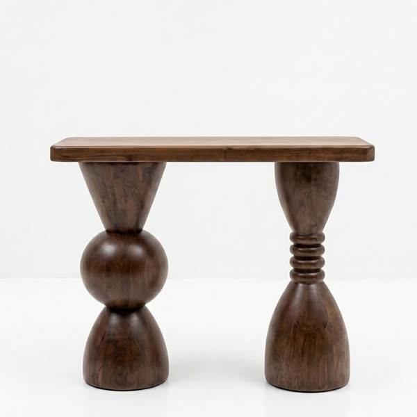 Wooden console table with unique base design on a white background