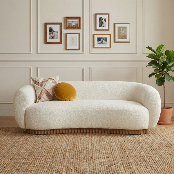 White sofa with decorative pillows in a room with framed pictures on the wall.