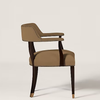 An upholstered accent chair with a taupe-beige fabric seat and backrest, dark brown wooden legs, and brass nailhead trim, shown against a solid light beige background.