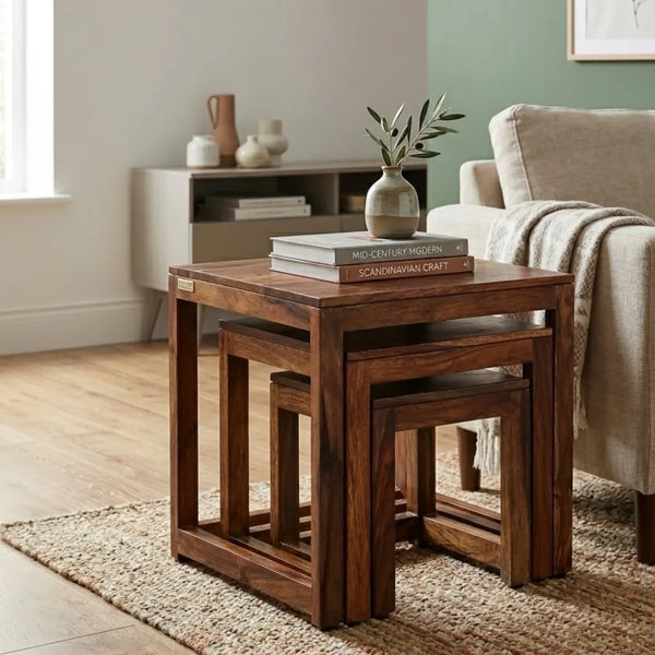 Castlebay Sheesham Wood Set of 3 Side Table In Rustic Teak