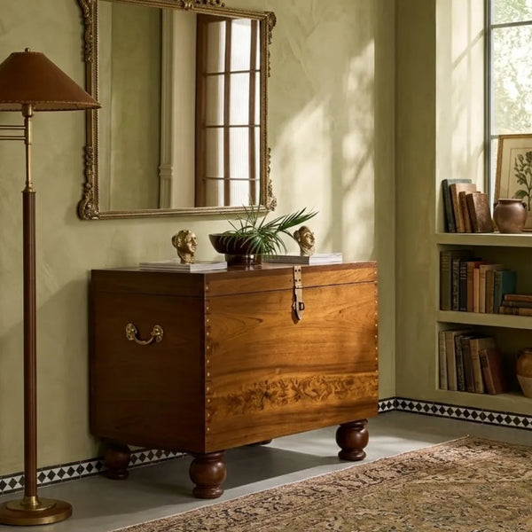 A warm brown wooden chest with brass hardware and nail details, styled in a vintage room next to a floor lamp, mirror, and bookshelves.
