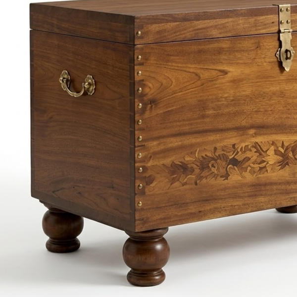A dark brown wooden chest with turned legs, brass hardware, and floral inlay details on the front, photographed on a light gray studio background.