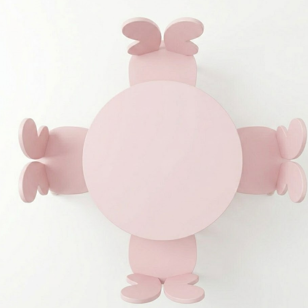 Pink cartoon character with a round body and long arms on a white background