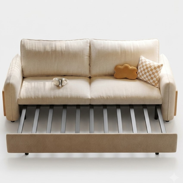 Beige sofa with pull-out bed mechanism on a white background
