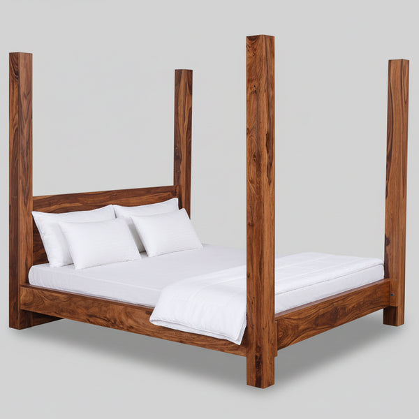 Clovis Sheesham Wood Poster Bed In Honey Finish