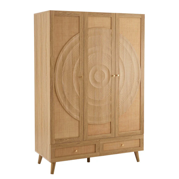 Coimbra Solid Wood 3 Door Rattan Wardrobe