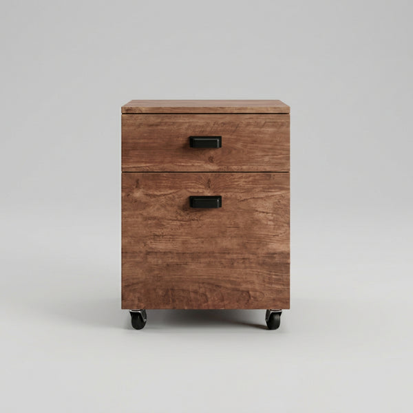 Wooden file cabinet with two drawers on wheels in a room with a green wall.