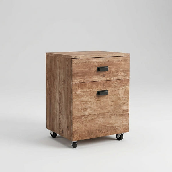Wooden file cabinet in a room with a lamp and sofa