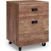 Wooden file cabinet with two drawers on wheels against a white background
