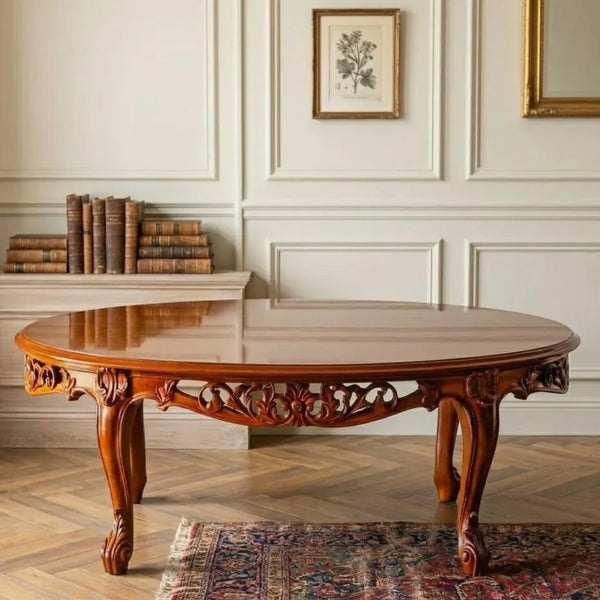 Cookstown Teakwood Round Dining Table with Carved Floral Design