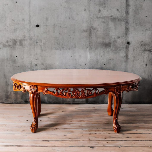 Cookstown Teakwood Round Dining Table with Carved Floral Design