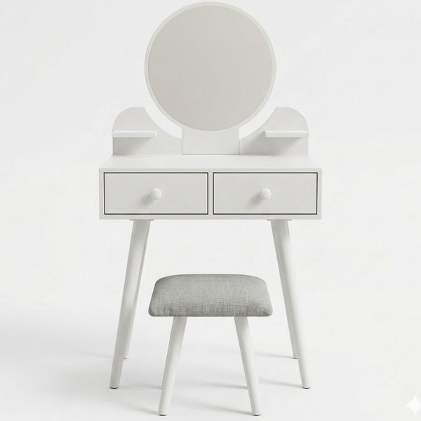 White vanity table with round mirror and gray stool on a white background