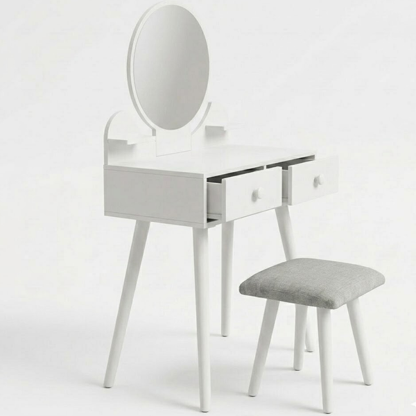White vanity table with mirror and stool on a white background