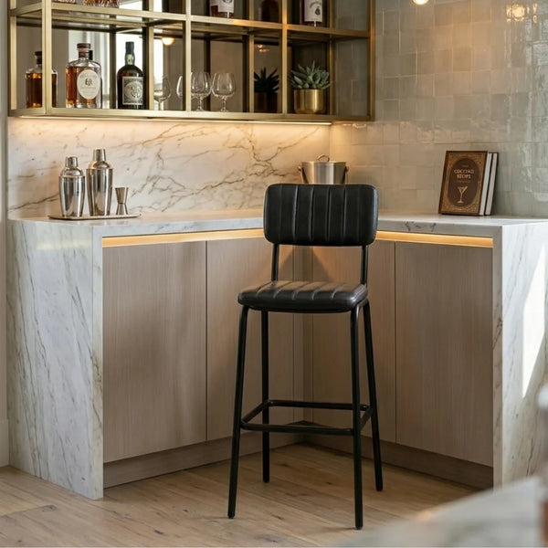 Dijon High Leather & Steel stool with back (Black)