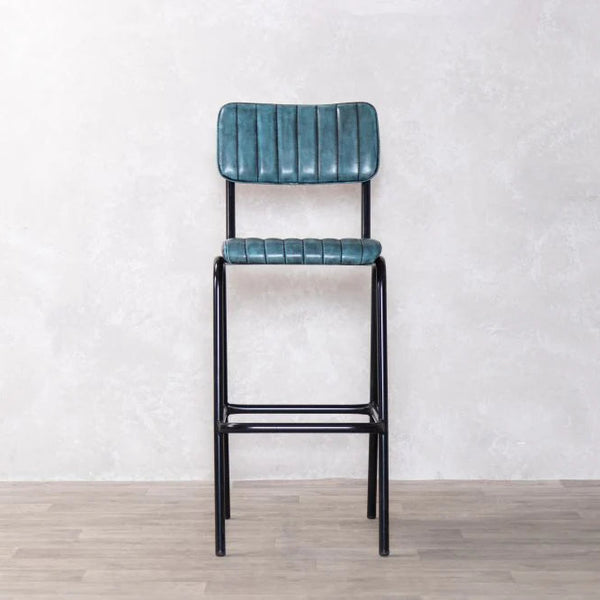 Dijon High Leather & Steel stool with back (Vintage Blue)