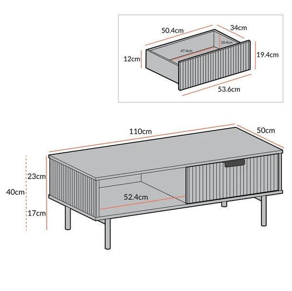 White Solid Wood Coffee Table With Drawer- Black Finish
