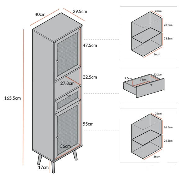 Solid Wood Rattan White Finish Tallboy Bathroom Cabinet