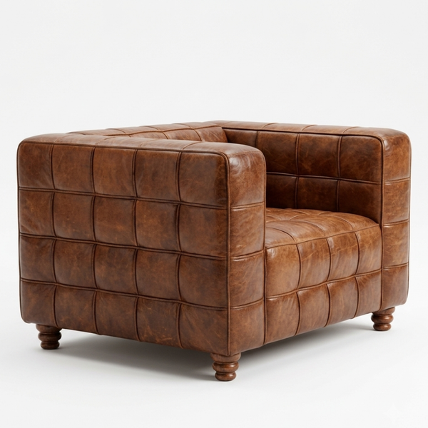 A square brown leather armchair with a tufted grid pattern and turned wooden legs, photographed on a clean white background.