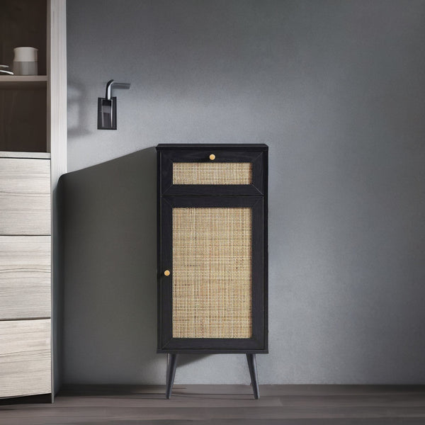 Solid Wood Rattan Black Finish Bathroom Cabinet