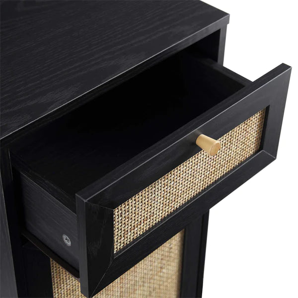 Solid Wood Rattan Black Finish Bathroom Cabinet