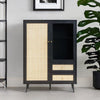 Classic Black Solid Wood Rattan Display Cabinet